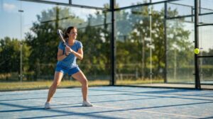 Een padelspeler op de baan met glazen wanden