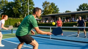 Een pickleballspeler speelt de bal bij het net, met de paddle vooruit