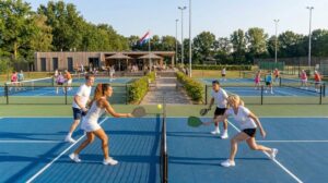 Vier pickleballspelers in een rally aan het net op een zonnige baan