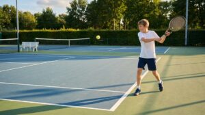Een jonge tennisser slaat een forehand op een hardcourtbaan