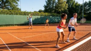 Twee tennissers staan samen klaar aan het net in een dubbelpartij op gravel