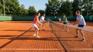Vier tennissers in een dubbelpartij aan het net op een gravelbaan